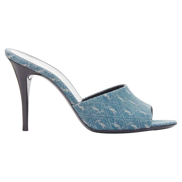 SAINT LAURENT La 16 Mules Cassandre Denim blue YSL monogram sandal heels EU37.5